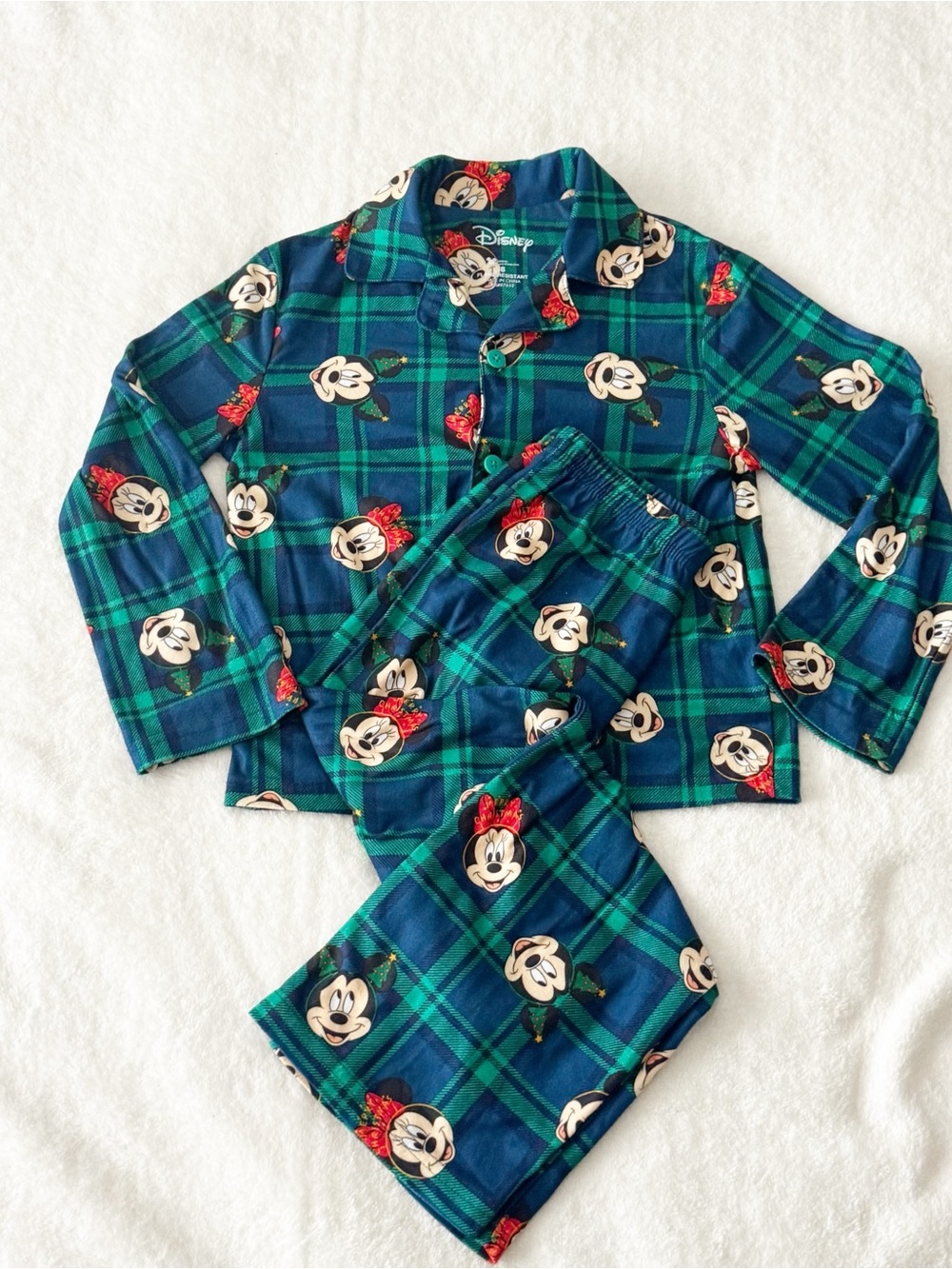 Disney Green and Blue Plaid Mickey Minnie Mouse Flannel Pajama Set